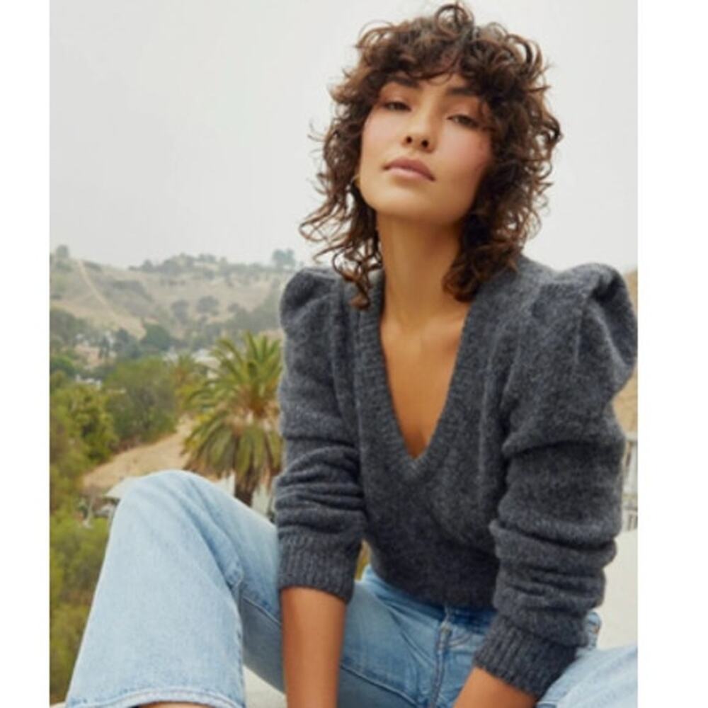 National Ltd. Lara Puff Shoulder V Neck Alpaca Sweater M